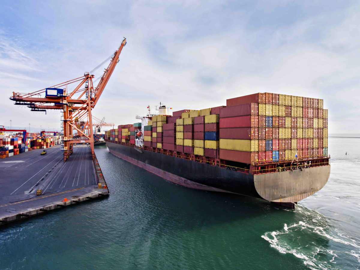 Aerial view of cargo ship in transit.